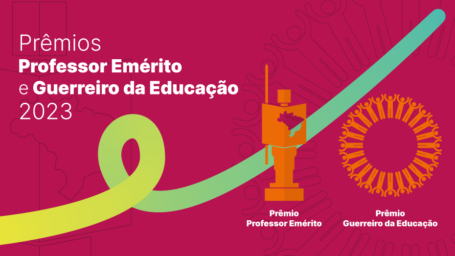 Imagem com fundo rosa com a imagem do Prêmios Professor Emérito e Guerreiro da Educação - Ruy Mesquita 2023