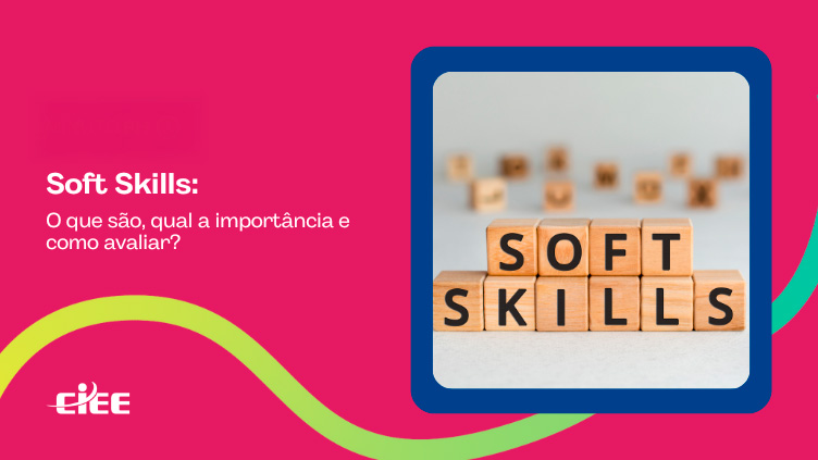 Capa com fundo pink. Ao lado direito montagem em blocos do texto: Soft Skills. Ao lado esquerdo texto: O que são. qual a importância e como avaliar?